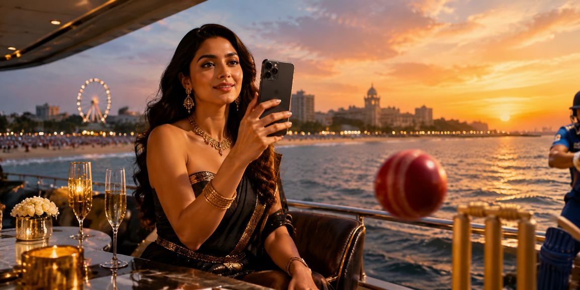 People enjoying cricket betting on mobile at Chennai Marina Beach