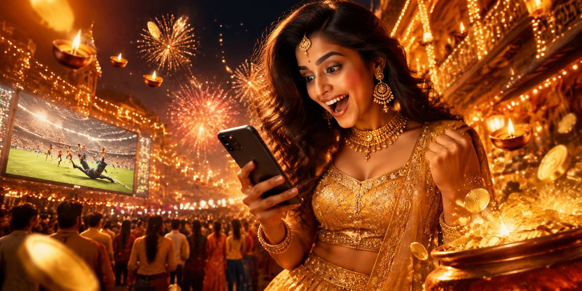 Indian woman using mobile casino platform in traditional lehenga attire